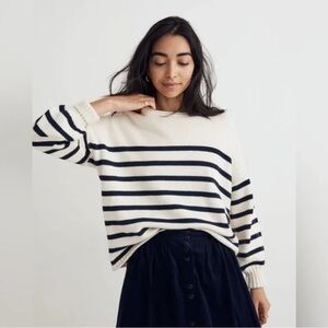 Madewell Conway Pullover in Antique Cream Cotton Crewneck Navy Stripes Small